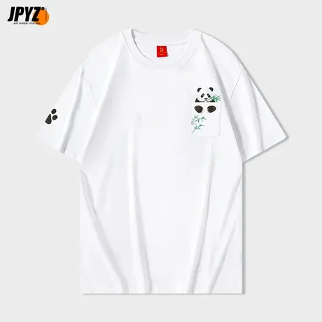 圆领短袖t恤熊猫刺绣图案男女同款情侣款国潮宽松休闲纯棉体恤衫图片