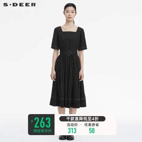 sdeer圣迪奥夏装方领收腰抽褶不规则短袖法式茶歇连衣裙S22261244图片