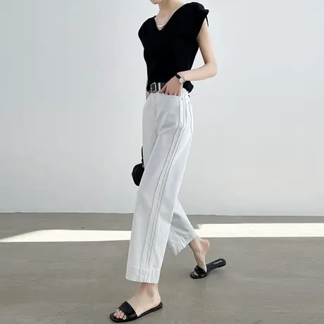 浅色牛仔直筒裤女夏季薄款高腰宽松显瘦八九分小个子阔腿烟管裤子商品大图