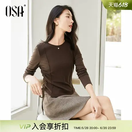 OSA欧莎复古美拉德T恤女2024秋季新款显瘦鱼骨设计感抽绳内搭上衣图片