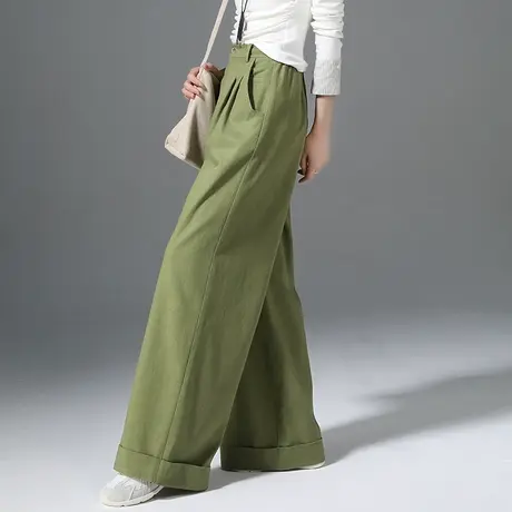 牛油果绿卷边阔腿裤女2025新款冰丝休闲宽松高腰显瘦直筒拖地裤子商品大图