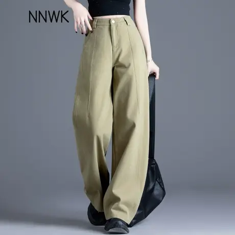 卡其绿色牛仔裤女2025新款春秋季设计感弯刀裤宽松直筒高腰阔腿裤商品大图