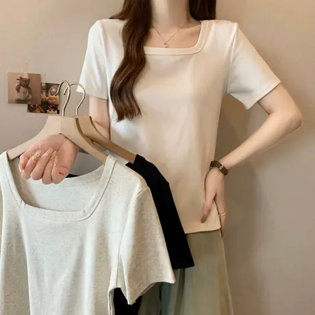 纯欲性感方领露锁骨短袖T恤女夏季修身打底衫韩版内搭正肩上衣潮商品大图