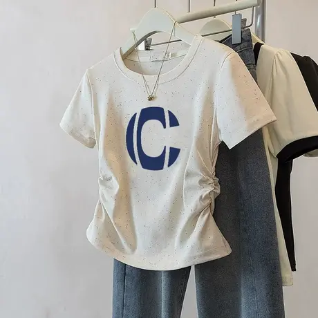 甜妹风正肩褶皱收腰短袖t恤女2025夏季新款彩虹波点圆领洋气上衣图片