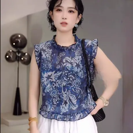 2025夏季新款时尚碎花木耳边印花上衣高级感百搭后背纽扣无袖衬衣商品大图