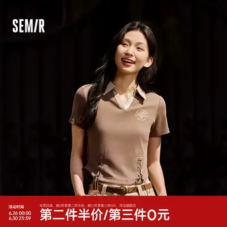 森马POLO衫女短款设计感绑带美式复古辣妹夏季修身印花上衣小心机图片