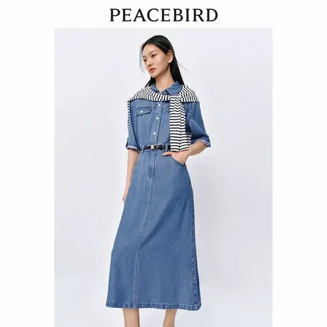 【来了就好】太平鸟高级感牛仔裙工时尚长裙翻领收腰短袖连衣裙商品大图