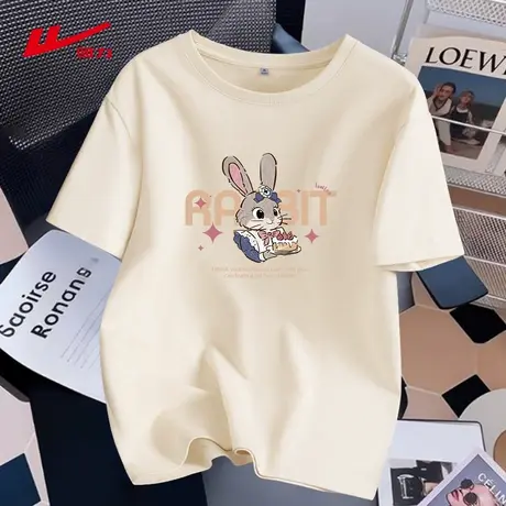 回力杏色正肩t恤女夏2025新款时尚百搭印花宽松大码短袖上衣体恤图片