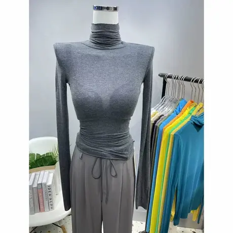 巨性感~薄款纯色堆堆领长袖t恤女紧身内搭高领基础款柔软打底衫秋商品大图