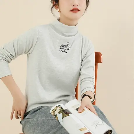 韩潮袭人高领刺绣百搭长袖T恤女2023冬新款修身显瘦打底衫上衣厚商品大图