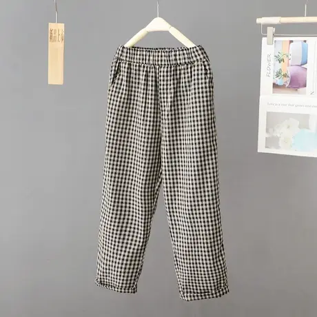 夏季新款薄款格子裤女小个子九分裤宽松显瘦棉麻休闲裤百搭哈伦裤图片