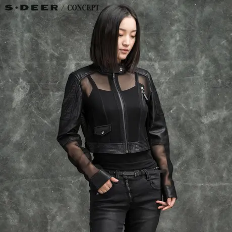 sdeer圣迪奥女酷帅街头网眼皮质拼接外套S16182265图片