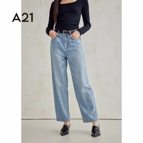 A21女装宽松高腰老爹牛仔九分裤夏季新款水洗做旧复古休闲直筒裤图片