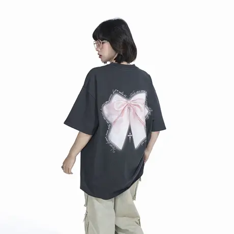 YEP蝴蝶结印花短袖t恤女春夏新款圆领套头半袖宽松设计感复古上衣图片