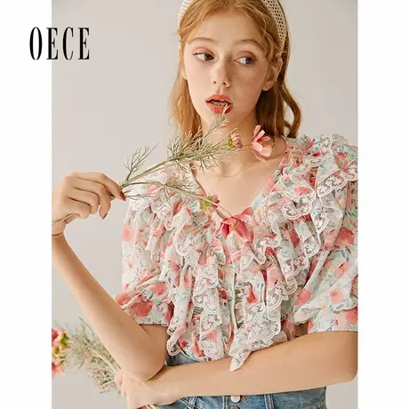 oece夏装新款女装碎花少女甜复古仙气法式蕾丝荷叶边雪纺上衣商品大图