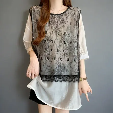 时尚蕾丝拼接假两件七分袖衬衫女夏季新款洋气时髦宽松遮肉女上衣商品大图