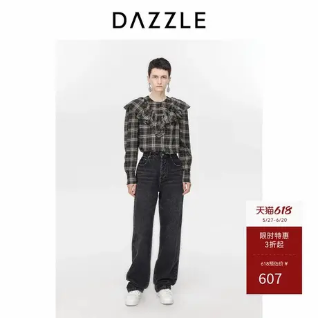 DAZZLE地素奥莱泡泡袖冬季长袖荷叶领格纹衬衫上衣女商品大图