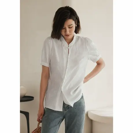 弥古白色短袖国风新中式衬衫女夏小众不撞款提花中式上衣立领衬衣商品大图