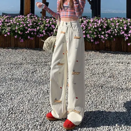 腊肠小狗阔腿牛仔裤女2025新款高腰直筒加绒刺绣贴布窄版拖地长裤商品大图