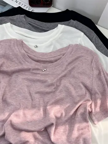 轻薄柔软莱赛尔天丝短袖t恤女夏宽松 小个子短款温柔纯色蝴蝶上衣商品大图