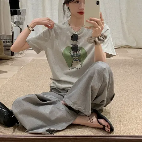 韩系纯棉印花短袖T恤女百搭宽松圆领正肩设计感上衣2025夏季新款商品大图