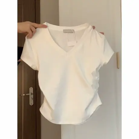 chic甜辣妹V领短袖T恤女夏季韩版修身显瘦短款褶皱收腰半袖上衣潮商品大图
