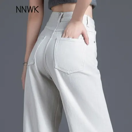 米灰色弹力阔腿牛仔裤女2025春季新款时尚高腰宽松显瘦窄版直筒裤图片