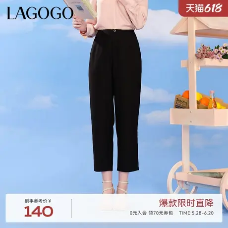LAGOGO黑色直筒宽松百搭休闲裤女拉谷谷夏季新款高腰气质九分裤商品大图