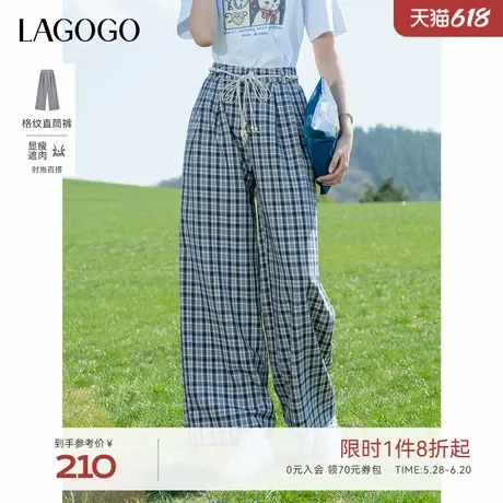 LAGOGO经典格子休闲裤女拉谷谷2025年夏季新款编织腰带直筒阔腿裤商品大图