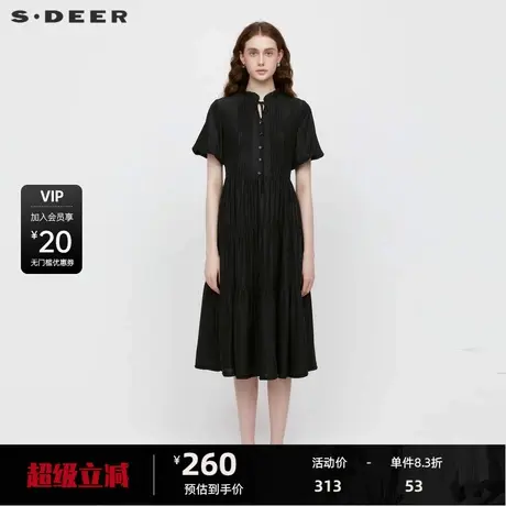 sdeer圣迪奥女装木耳边系带风琴褶泡泡袖连衣裙S242Z12F1图片