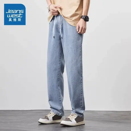 KR真维斯男装直筒牛仔裤2025春季新款港风痞帅抽绳裤子男生长裤潮图片