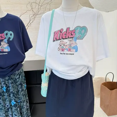 韩系卡通印花雪花棉短袖T恤女夏季新款宽松大版显瘦百搭休闲上衣商品大图