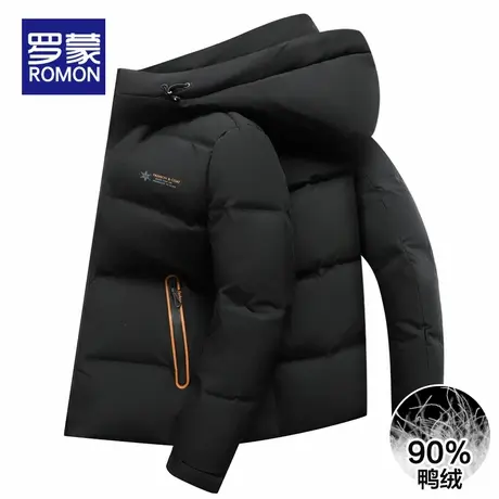 罗蒙男士百搭休闲羽绒服2025冬季新款保暖连帽面包服印花短款外套商品大图