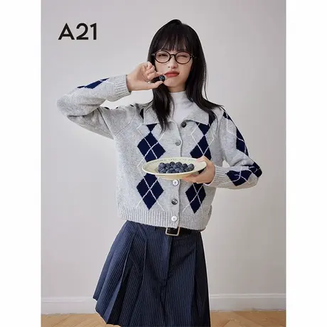 A21女装合体翻领毛织开衫春季2024新款休闲学院风菱形格百搭毛衣图片