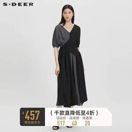 sdeer圣迪奥女装V领撞色泡泡袖雪纺连衣裙S232Z12M8🆗商品大图