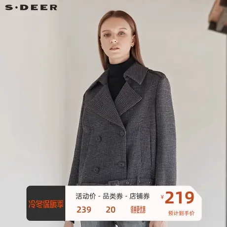 sdeer圣迪奥女翻领双排扣英伦风撞色格纹收腰短款外套S19462209🎈商品大图