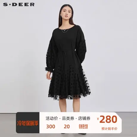 sdeer圣迪奥女装圆领收腰波点网纱长袖连衣裙S223Z12CV商品大图