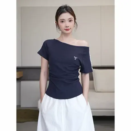 尔给夏季斜肩设计感蕾丝拼接T恤女正肩修身收腰显瘦气质时尚上衣商品大图