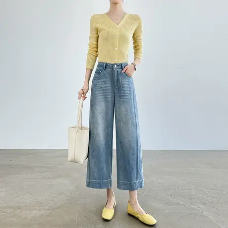 九分浅蓝色牛仔裤女夏季薄款八分小个子大码宽松胖mm直筒阔腿裤子商品大图