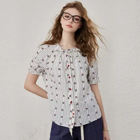 a02法式碎花设计感宽松休闲减龄女式衬衫夏季系带领短袖上衣商品大图