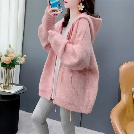 宽松慵懒风大码连帽毛衣开衫女春秋2024新款洋气百搭休闲外套上衣图片