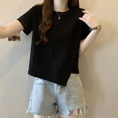 设计感小众纯棉短袖T恤女夏季韩版修身内搭打底衫不规则短款上衣商品大图