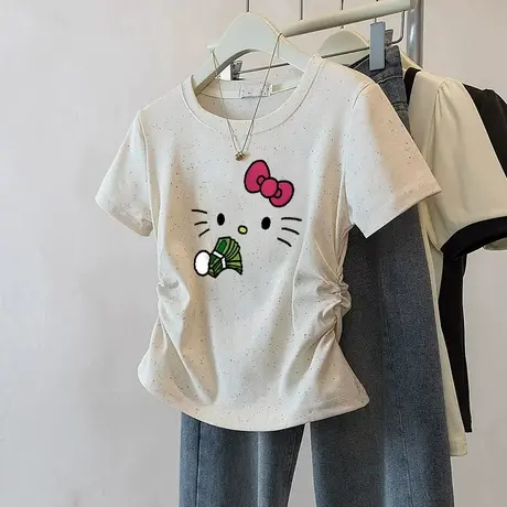 2025新款夏季甜妹风彩虹波点褶皱收腰短袖t恤女圆领洋气正肩上衣商品大图