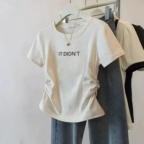 短款小个子收腰t恤女2025新款潮流褶皱修身彩虹波点短袖减龄上衣商品大图