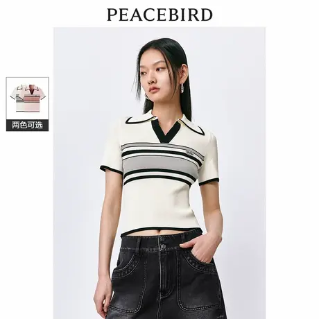 【来了就好】太平鸟POLO领撞色条纹针织上衣夏翻领修身时尚短袖图片