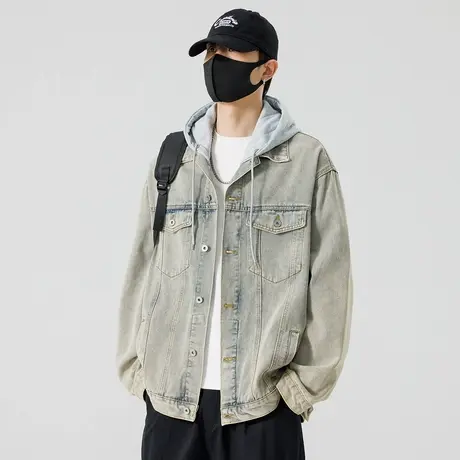 回力水洗工装牛仔外套男士春秋2025新款美式复古宽松男生连帽夹克图片