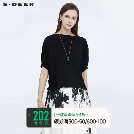 sdeer圣迪奥女夏季圆领上衣设计感抽褶拼接短袖黑色T恤S21280153📿商品大图