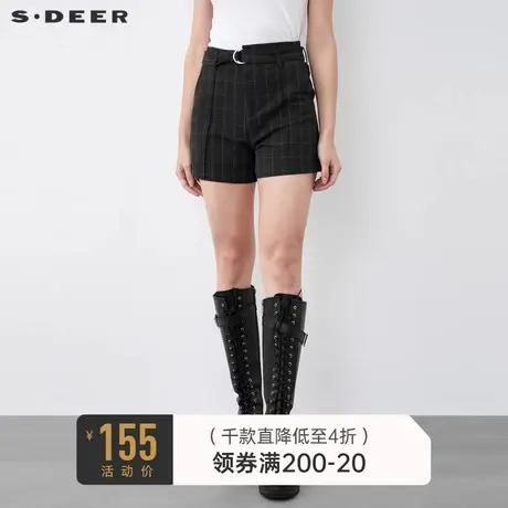 sdeer圣迪奥冬装复古腰带压褶撞色格纹A字短裤S21460910图片