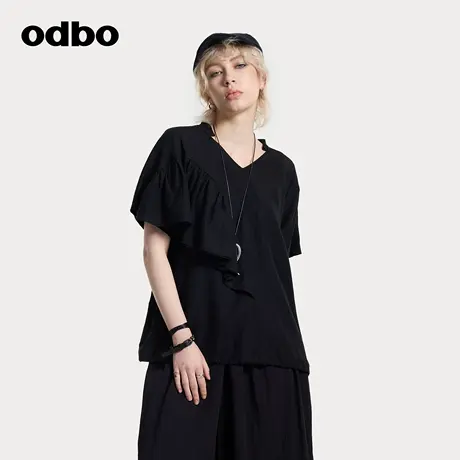 odbo/欧迪比欧短袖女t恤2025新款荷叶边不对称上衣V领褶皱设计感商品大图