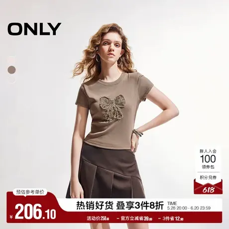 ONLY奥莱2025夏季新款时尚甜美蝴蝶结修身正肩短袖T恤女图片